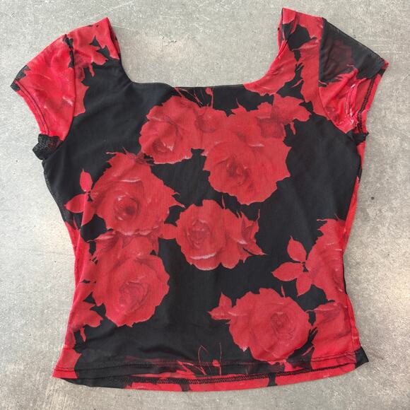 Vintage Y2K Rose Lace Women's Blouse All Over Print Neckline Floral Top Medium - Picture 2 of 5